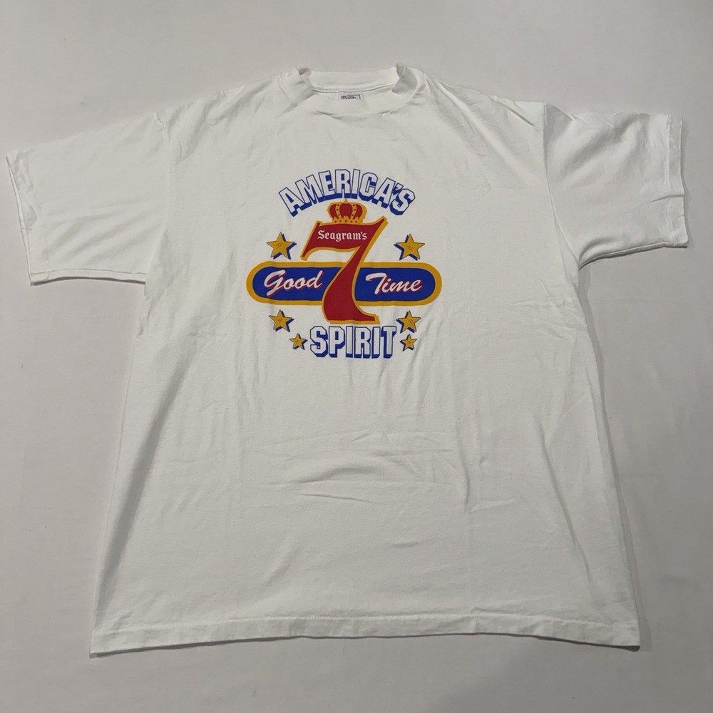 Vintage 90s Seagrams 7 Crown Whiskey T Shirt XL White Single Stitch USA - Mint